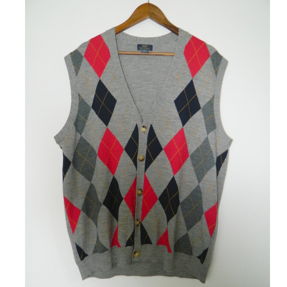 Brooks Brothers Cardigan Sweater Vest Mens XL Grey Argyle Merino Wool Button Up